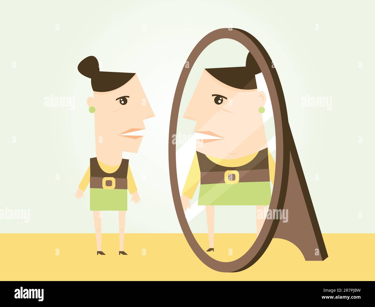 Eine dünne Frau sieht ihr Spiegelbild anders als es ist. Dies könnte bei körperdysmorphen Störungen oder Anorexie angewendet werden. Stock Vektor