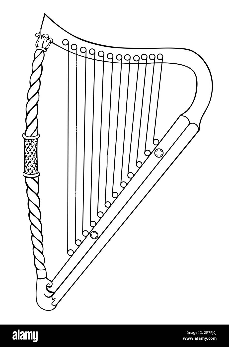 Darstellung der irischen Harfe aus dem 12. Jahrhundert. Diese Datei ist ein Vektor und kann ohne Qualitätsverlust auf jede Größe skaliert werden Stock Vektor