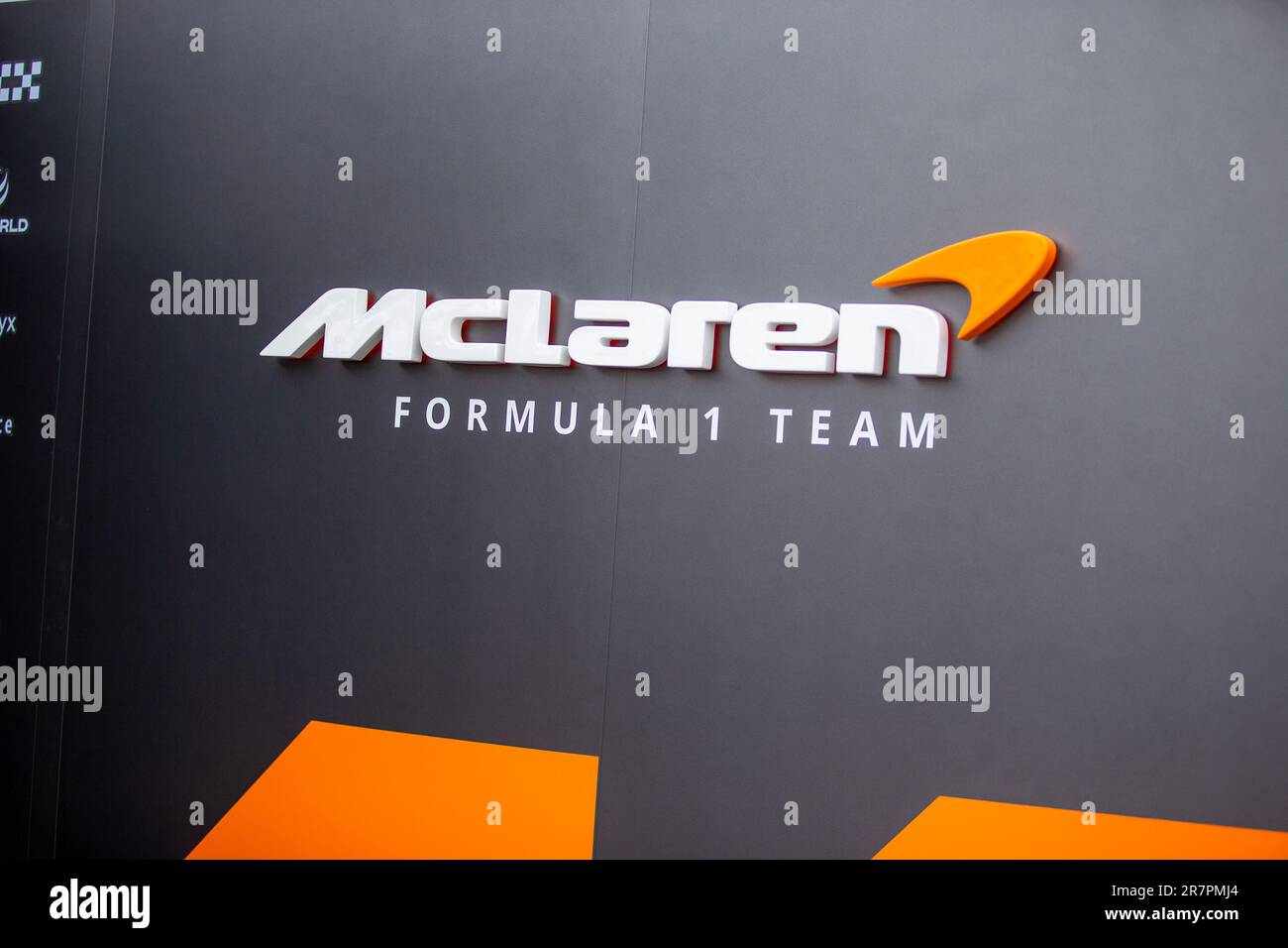 McLaren F1 Team Logo.während des 1. Tages der FORMEL 1 PIRELLI GRAND PRIX DU CANADA 2023 - vom 15. Bis 18. Juni 2023 in Montreal, Quebec, Kanada Stockfoto