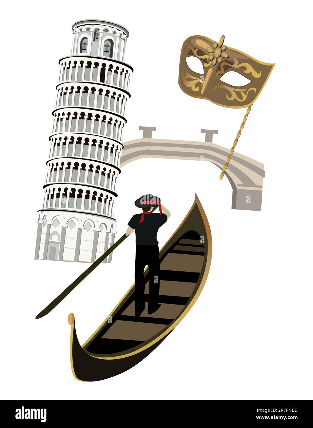 Symbole Italiens wie Pisa-Turm, venezianische Maske und Gondel Stock Vektor