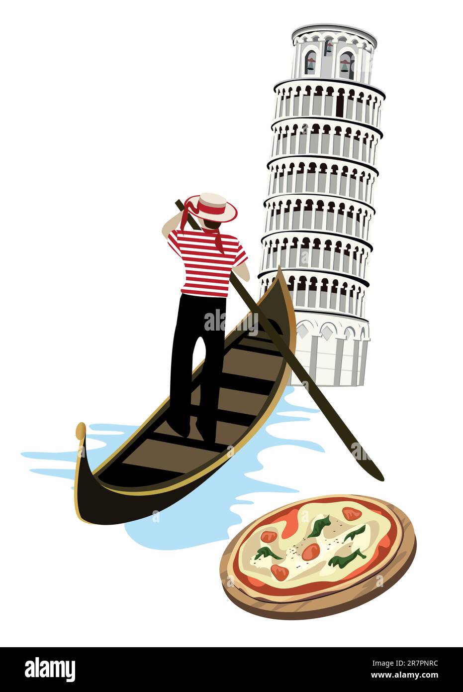Symbole Italiens wie Pisa-Turm, Pizza und Gondel Stock Vektor