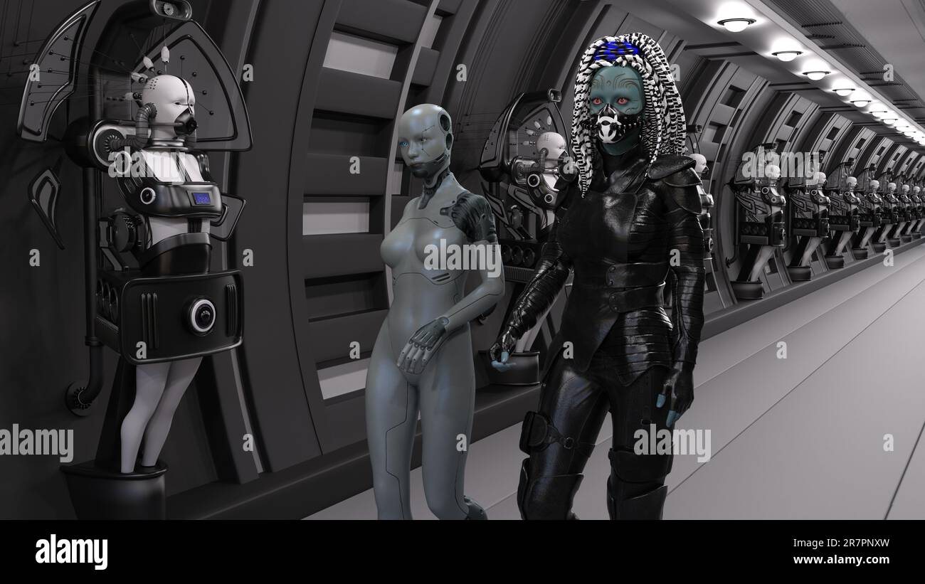 In dieser gerenderten 3D-Abbildung wird ein kybernetisches Labor gezeigt, in dem ein Arzt und sein Roboterassistent durch das Labor gehen Stockfoto