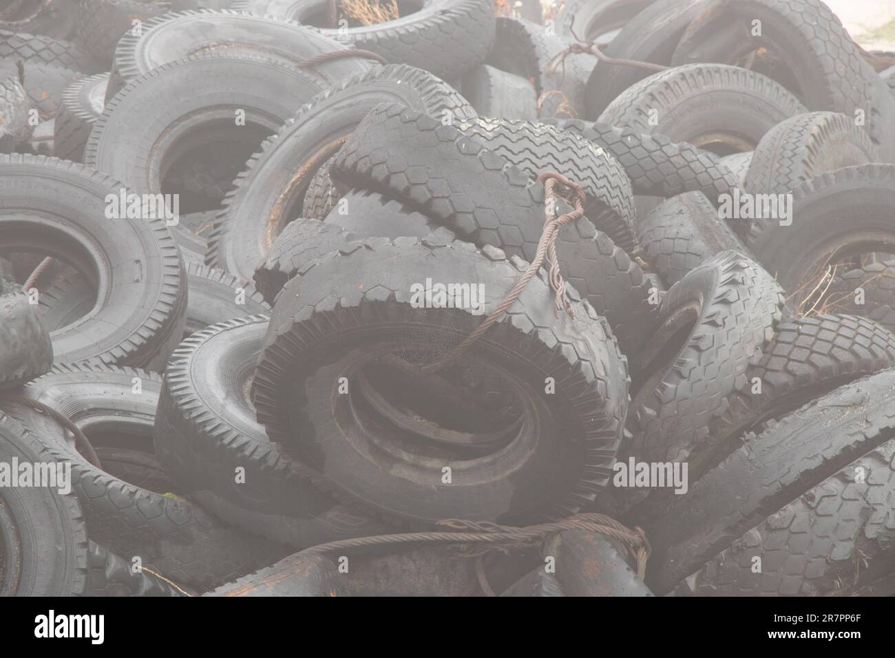 Altreifen liegen auf einer ukrainischen Deponie auf dem Boden, ein Umweltproblem der Branche Stockfoto
