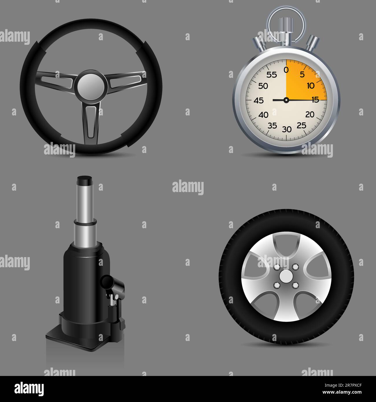 jack, Lenkrad, Autorad und Stoppuhr Stock Vektor