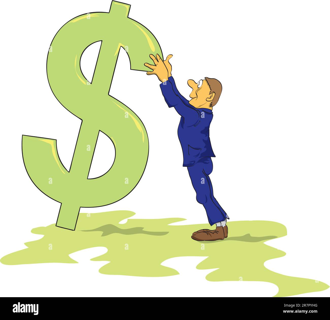 Zeichnung eines Mannes, der versucht, das fallende Dollarzeichen zu stützen. Stock Vektor