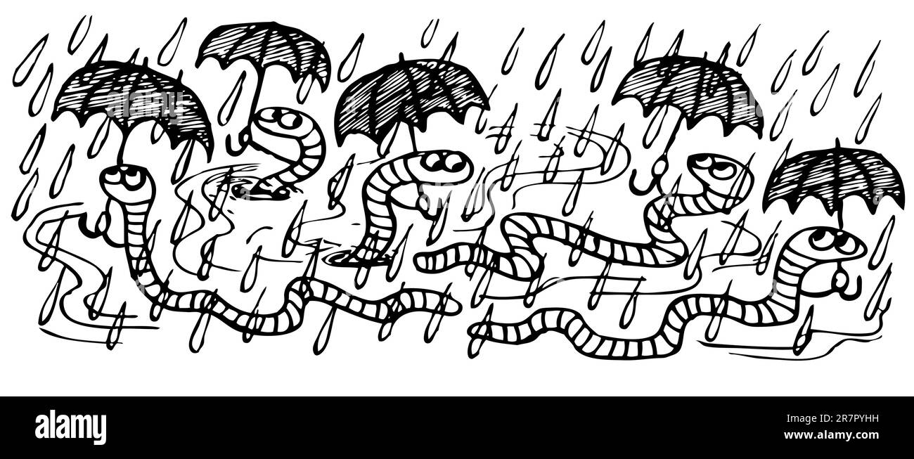 Würmer im Regen mit Regenschirmen Stock Vektor