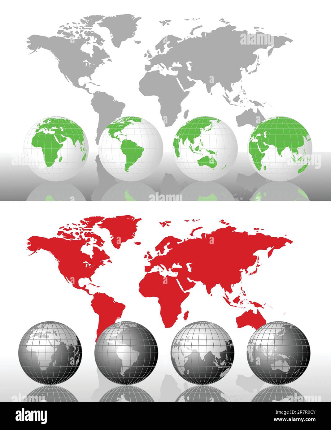 Illustration mit Weltkugeln und Weltkarte Stock Vektor