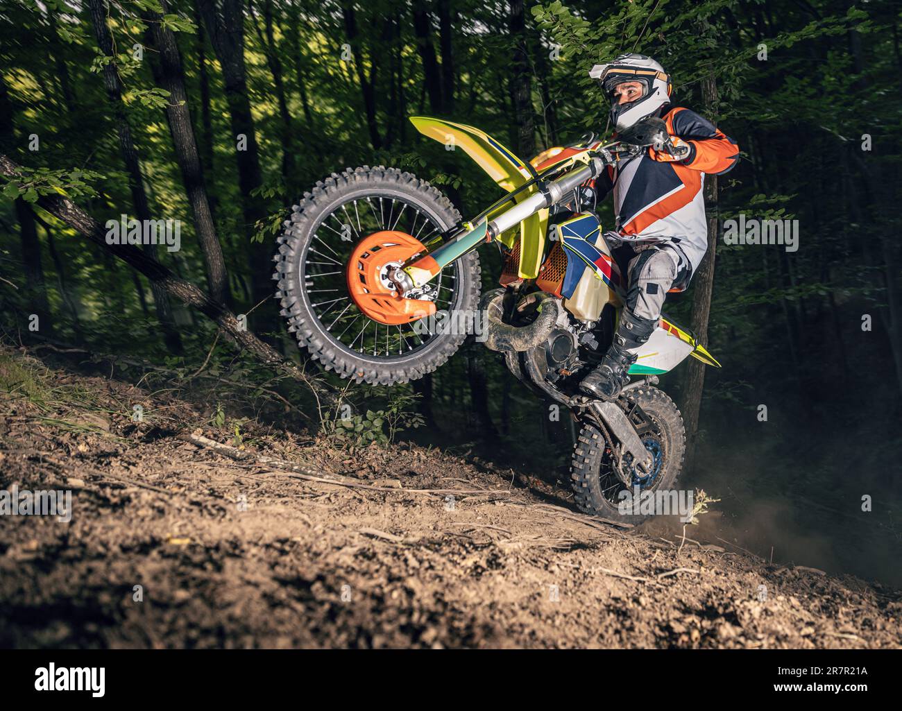Motocross-Rennfahrer im Wald. Extremsportkonzept Stockfoto