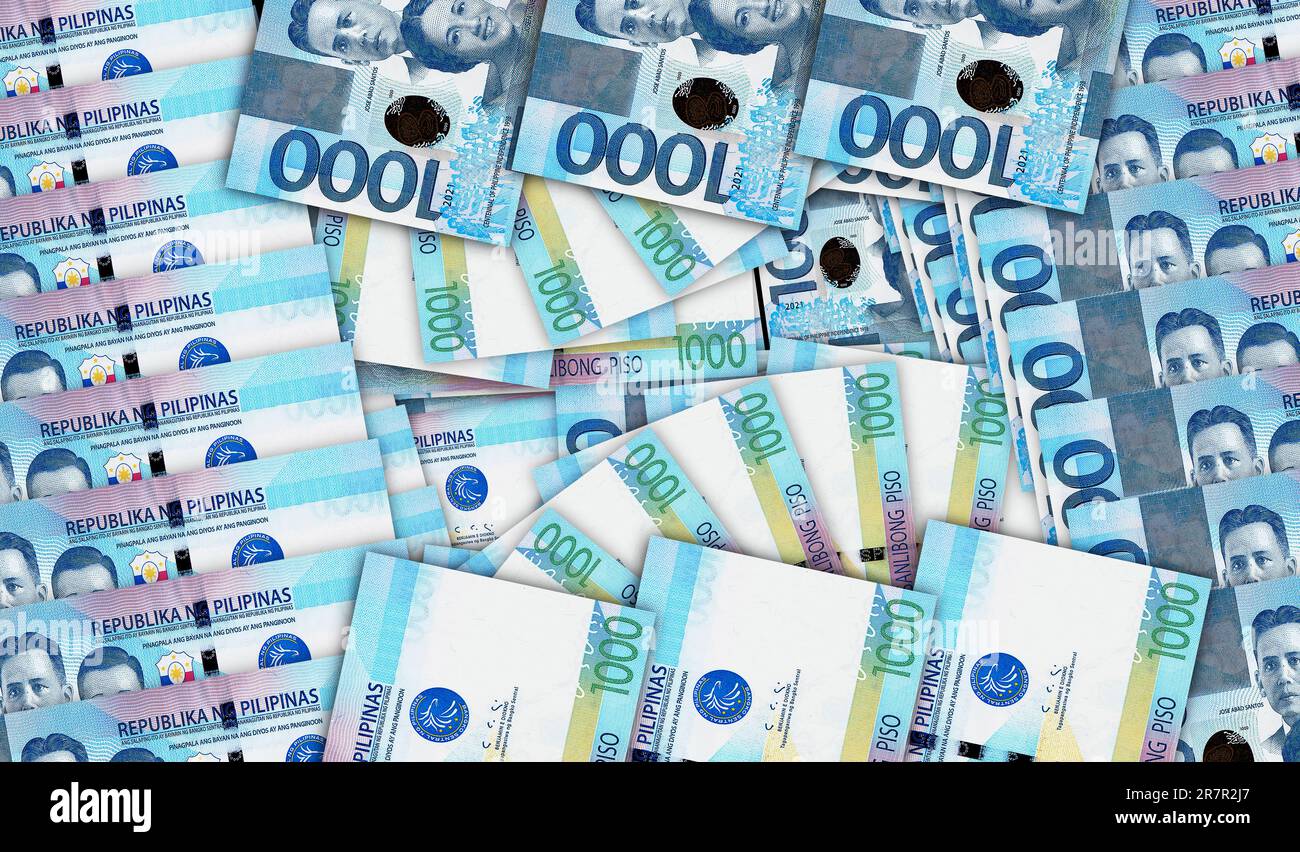 Philippinische Peso-Banknoten in einem Bargeldfan-Mosaikmuster. Philippinische Pesos PHP-Geldscheine. Abstraktes Konzept von Bank-, Finanz-, ökonomisch dekorativen Konzepten Stockfoto