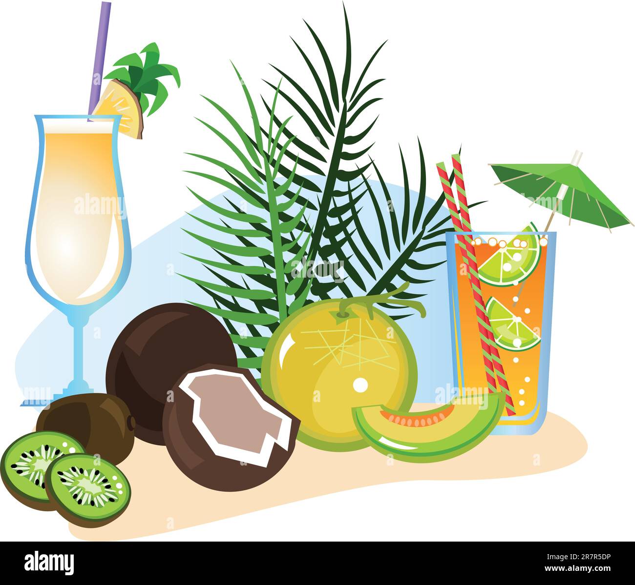 Exotische Getränke und Obst isoliert auf weißem Hintergrund Stock Vektor
