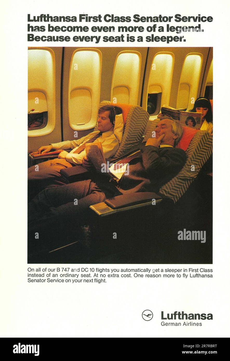 Lufthansa First Class Senator Service Werbung in einer Zeitschrift 1982. Stockfoto