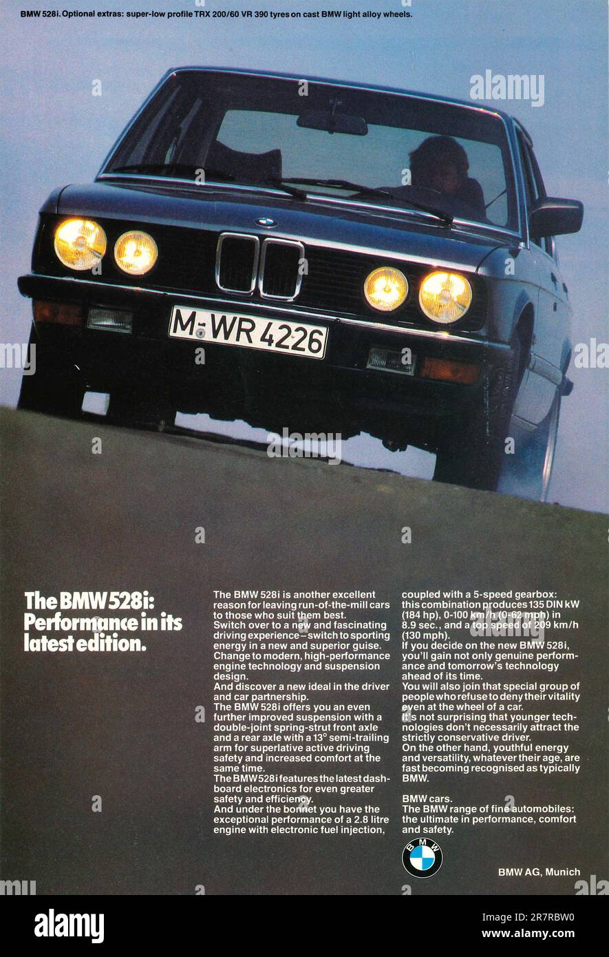 BMW 528i-Werbeanzeige in einem Magazin 1982. Stockfoto