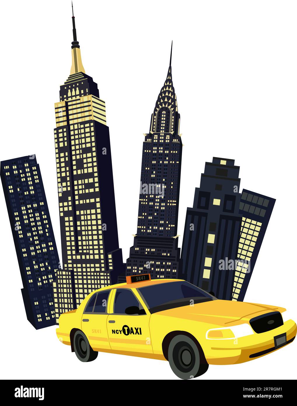 Illustration mit Wolkenkratzern und einem New yorker Taxi Stock Vektor