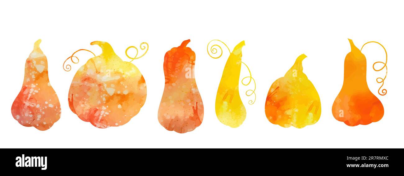 Vektorsatz orangefarbener, vom Hintergrund isolierter Kürbisse. Färben Sie Ihr Gemüse für Logos und Symbole. Thanksgiving Stock Vektor