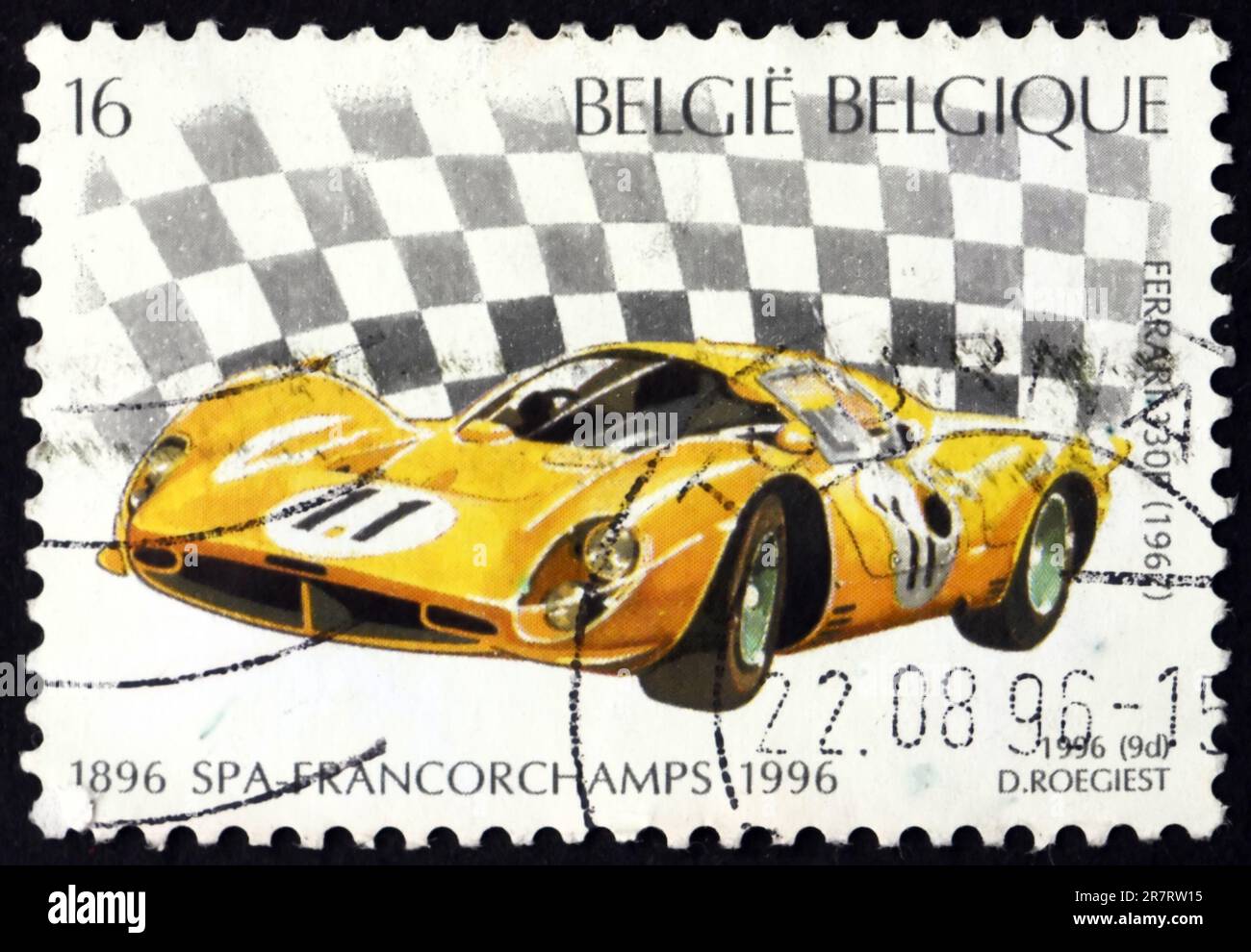 BELGIEN - CA. 1996: Ein in Belgien gedruckter Stempel zeigt 1967 Ferrari 330P, Autorennen im Spa, 100 Jahre, ca. 1996 Jahre Stockfoto