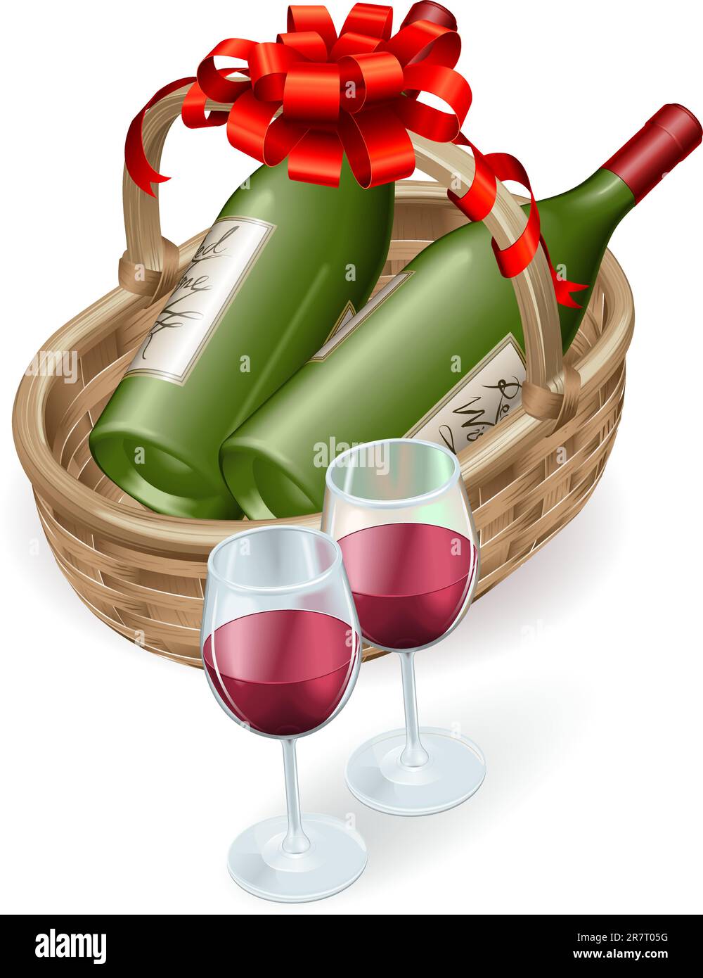 Illustration von Wein von Weidenkorb mit Flasche Rotwein und Gläsern und Dekoration Band und Schleife. Stock Vektor