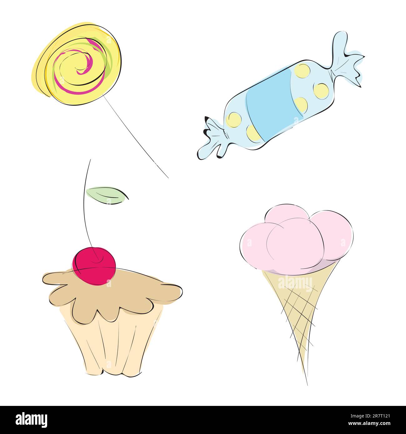 Vektor-Bilder in einer Vielzahl von Süßigkeiten. Set: Mini-Kuchen, Eis, Süßigkeiten und Karamell Stock Vektor