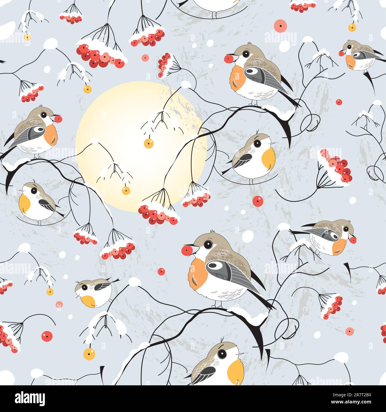 Nahtloses Muster der Wintervögel in den Bäumen auf grauem Hintergrund Stock Vektor