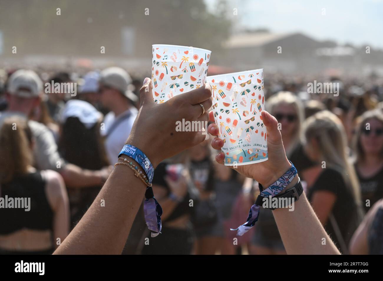 17. Juni 2023, Niedersachsen, Scheeßel: Festivalbesucher stoßen beim Hurricane Festival 2023 mit Plastikwinkeln an. Bis zum 18. Juni 2023 sind insgesamt 80 Konzerte auf vier Bühnen geplant. Das Rockmusikfestival Hurricane ist eines der größten deutschen Open-Air-Festivals. Foto: Lars Penning/dpa Stockfoto