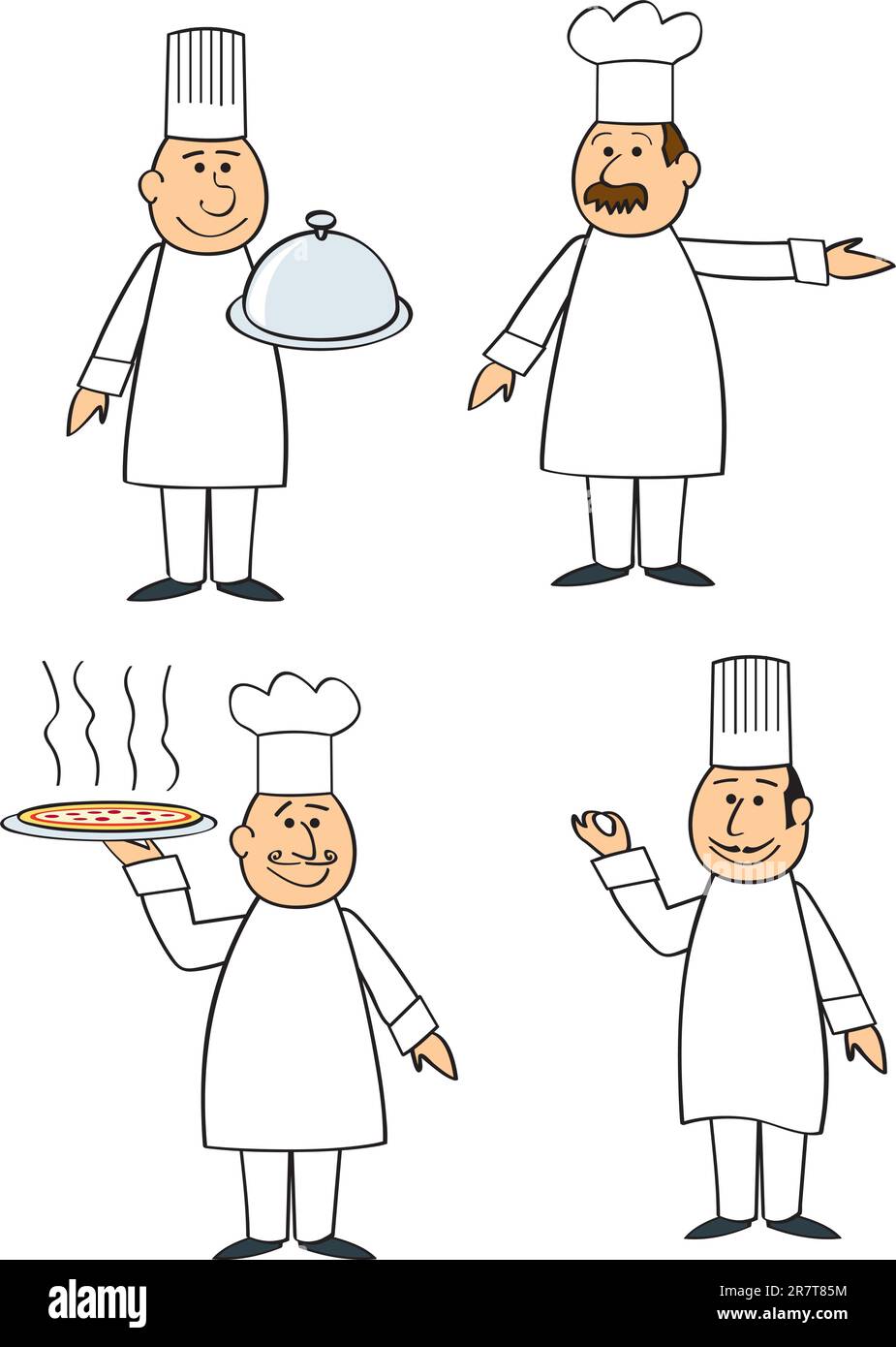 Vier verschiedene Cartoon-Köche in verschiedenen Posen und mit verschiedenen Hauptgerichten. Stock Vektor