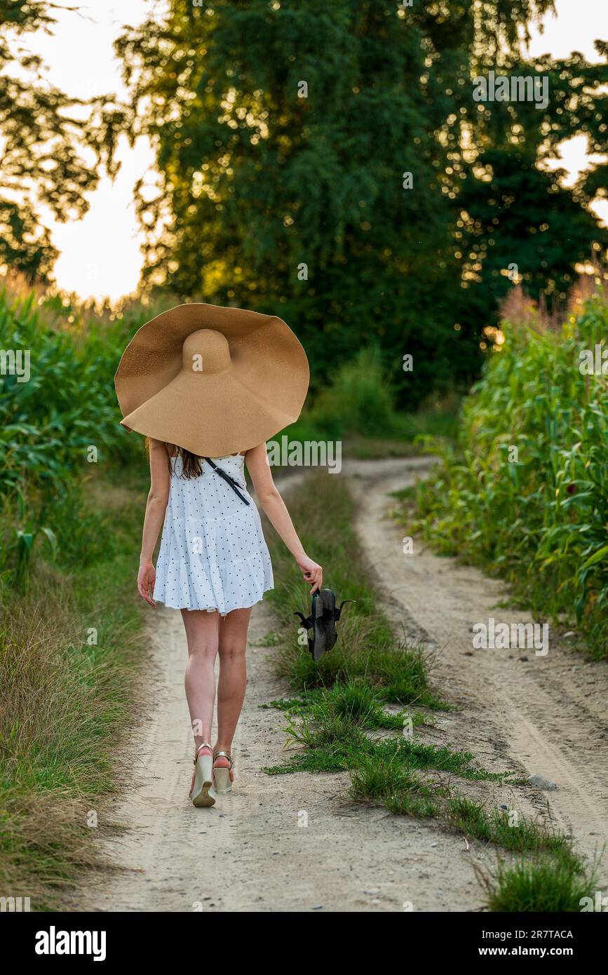 Junge schöne Frau mit Sommerhut auf dem Maisfeld Stockfoto