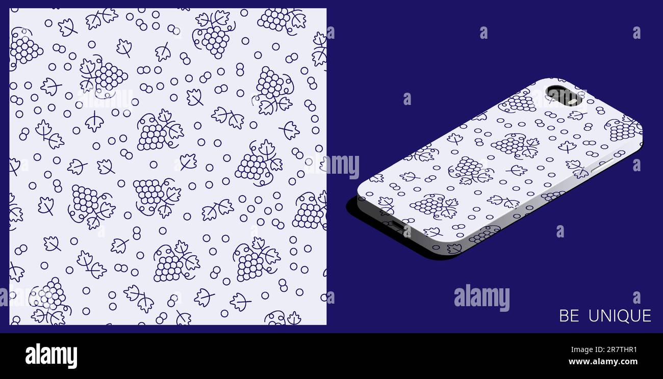 Modernes Smartphone in einzigartiger Hülle dekoriert saftige Trauben mit Blättern und Tendrils Muster. Isometrische Draufsicht. Vektorschmuck für die Konstruktion von p Stock Vektor