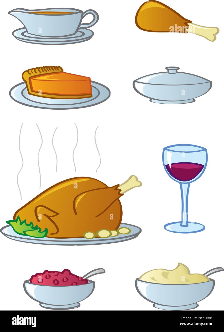 Beim typischen amerikanischen Thanksgiving- oder Weihnachtsessen gab es übliche Speisen und Getränke. Stock Vektor