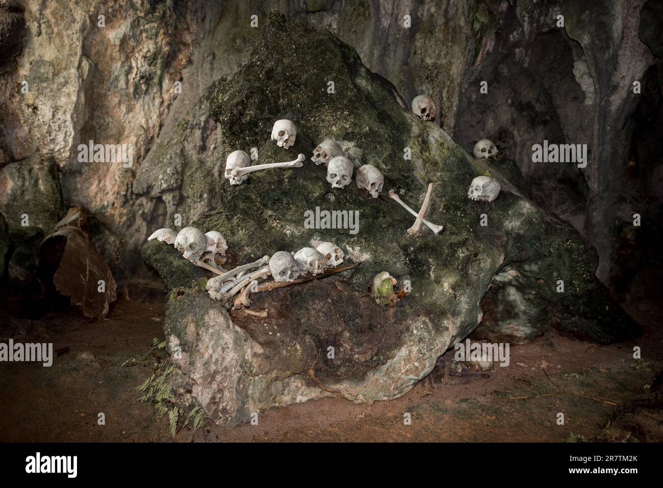 Schädel und Knochen im spektakulären Höhlengrab von Lombok Parinding, in dem seit 700 Jahren die Toten von TanaToraja untergebracht sind Stockfoto