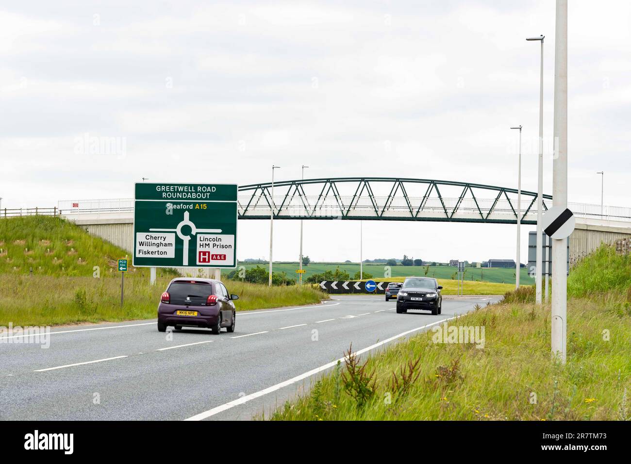 Großes Informationsschild am Greetwell-Kreisverkehr an der Lincoln City Eastern Bypass, Lincolnshire, England, Großbritannien Stockfoto