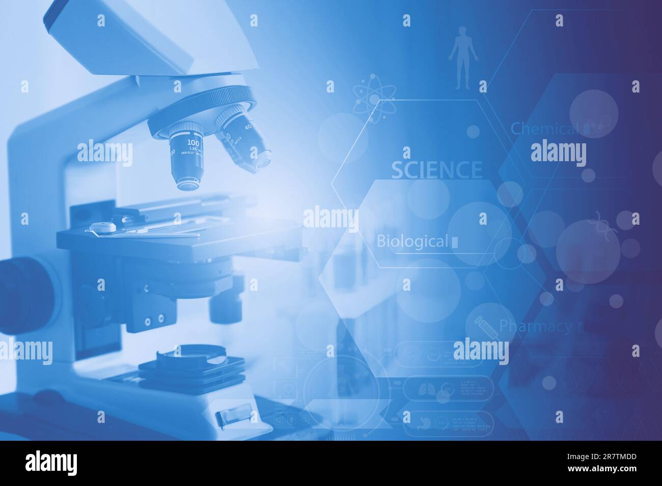 Wissenschaftliches Labor generische Biologie Chemie Forschungskonzept Grafikdesign für Bannerhintergrund. Stockfoto