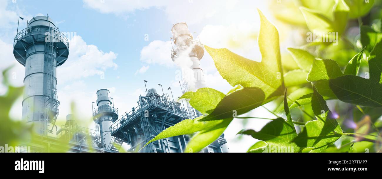 Umweltfreundliche Industrie Eco Power Factory gute Umwelt Ozonluft geringer CO2-Fußabdruck breit für Banner. Stockfoto
