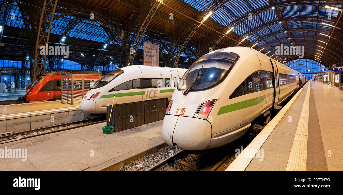 Zwei ICE-Züge und ein lokaler Zug am frühen Morgen am Hauptbahnhof Leipzig, Sachsen, Deutschland Stockfoto