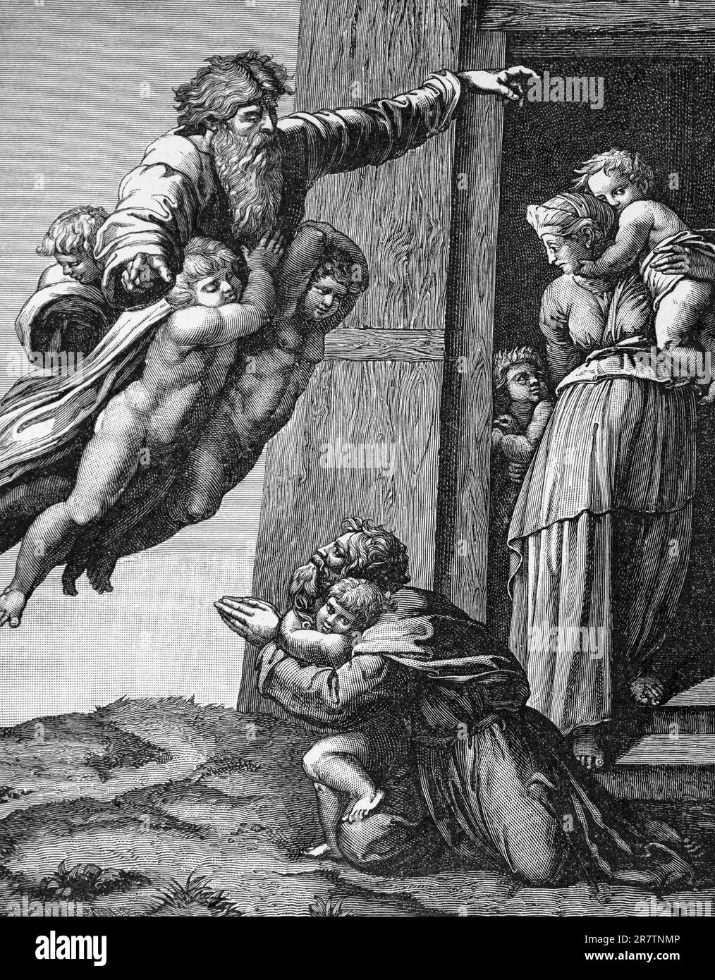 Die Flut, auf Gottes Befehl, Noah betritt die Arche, erstes Buch der Genese, Kapitel 8, Verse 15-19, Altes Testament, Bibel, Gott, tritt ein, Frau, Kinder Stockfoto