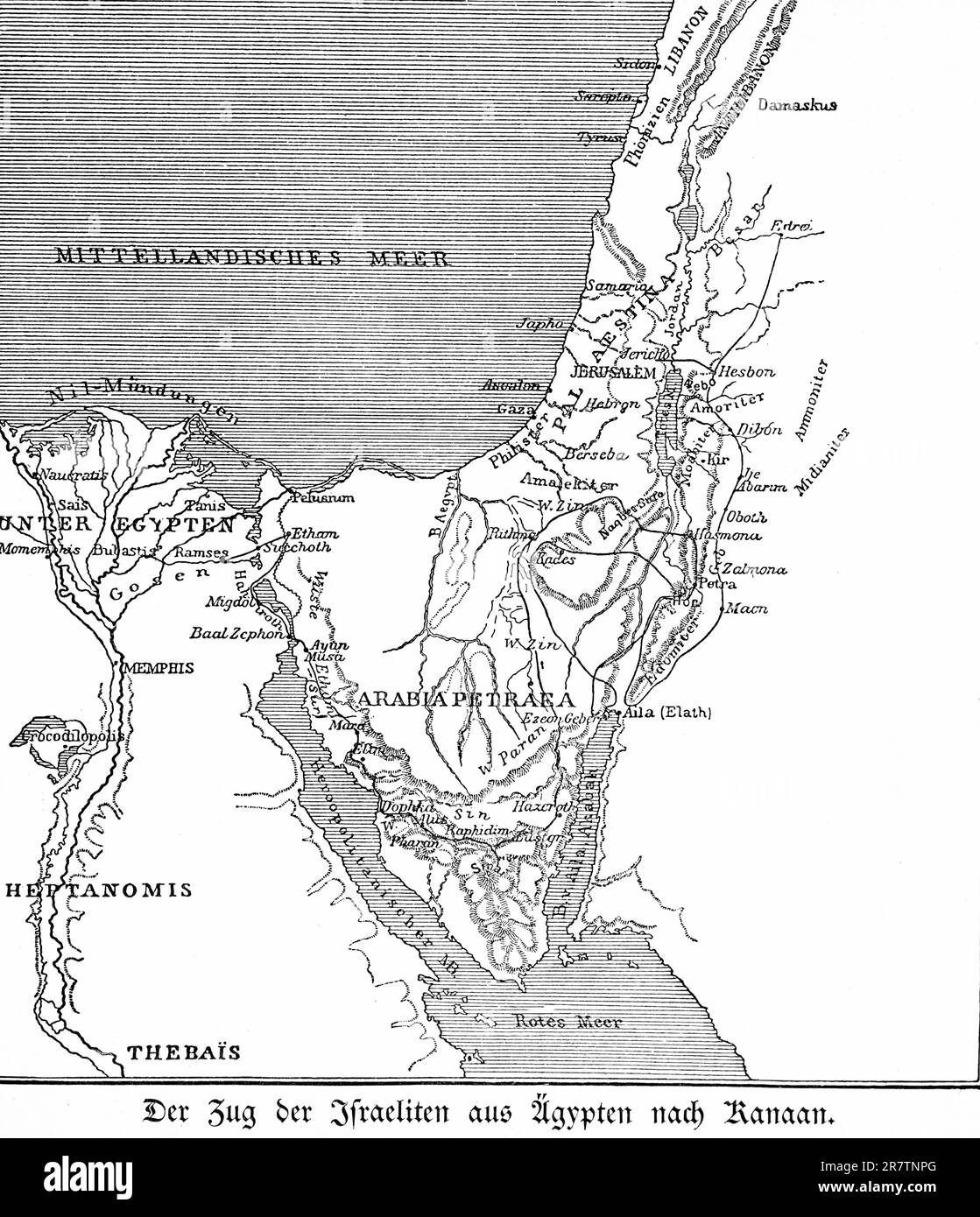 Die Migration der Israeliten von Ägypten nach Kanaan, Altes Testament, Bibel, Migration, Karte, Halbinsel Sinai, Nilmündung, Jerusalem, Damaskus Stockfoto