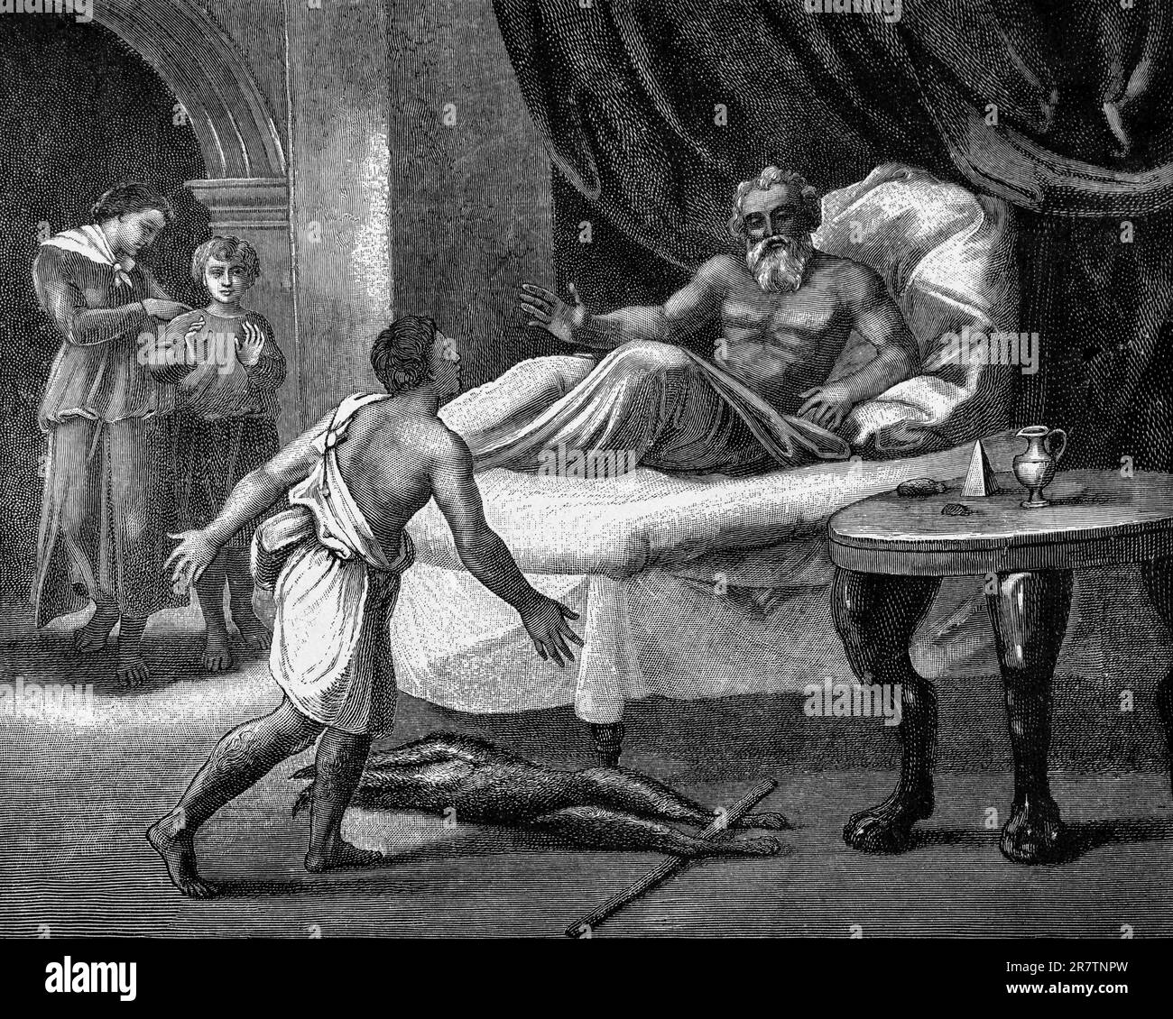 Esau am Sterbebett seines Vaters, erstes Buch der Genese, Kapitel 27, Verse 1-55, Altes Testament, Bibel, Bett, Isaak, Tod, Sohn von Esau, Tisch, Zimmer Stockfoto