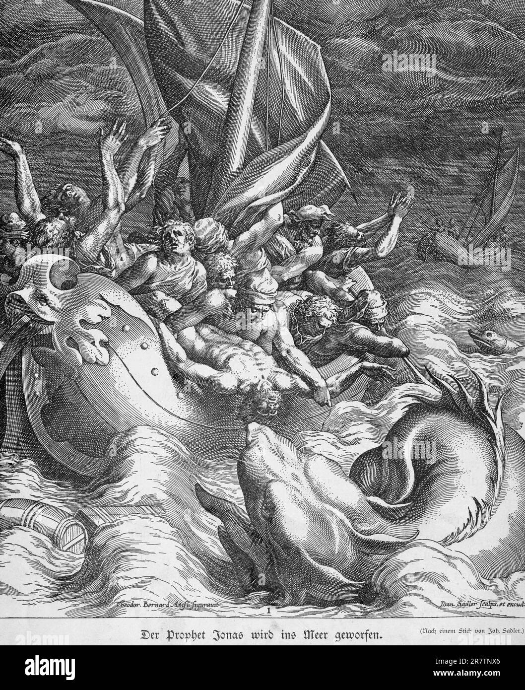 Der Prophet Jonah wird ins Meer geworfen, Jonah, Kapitel 1, Verse 1-16, Altes Testament, Bibel, Boot, Sturm, Sturm, Regen, Dunkle Wolken, Himmel, hoch Stockfoto