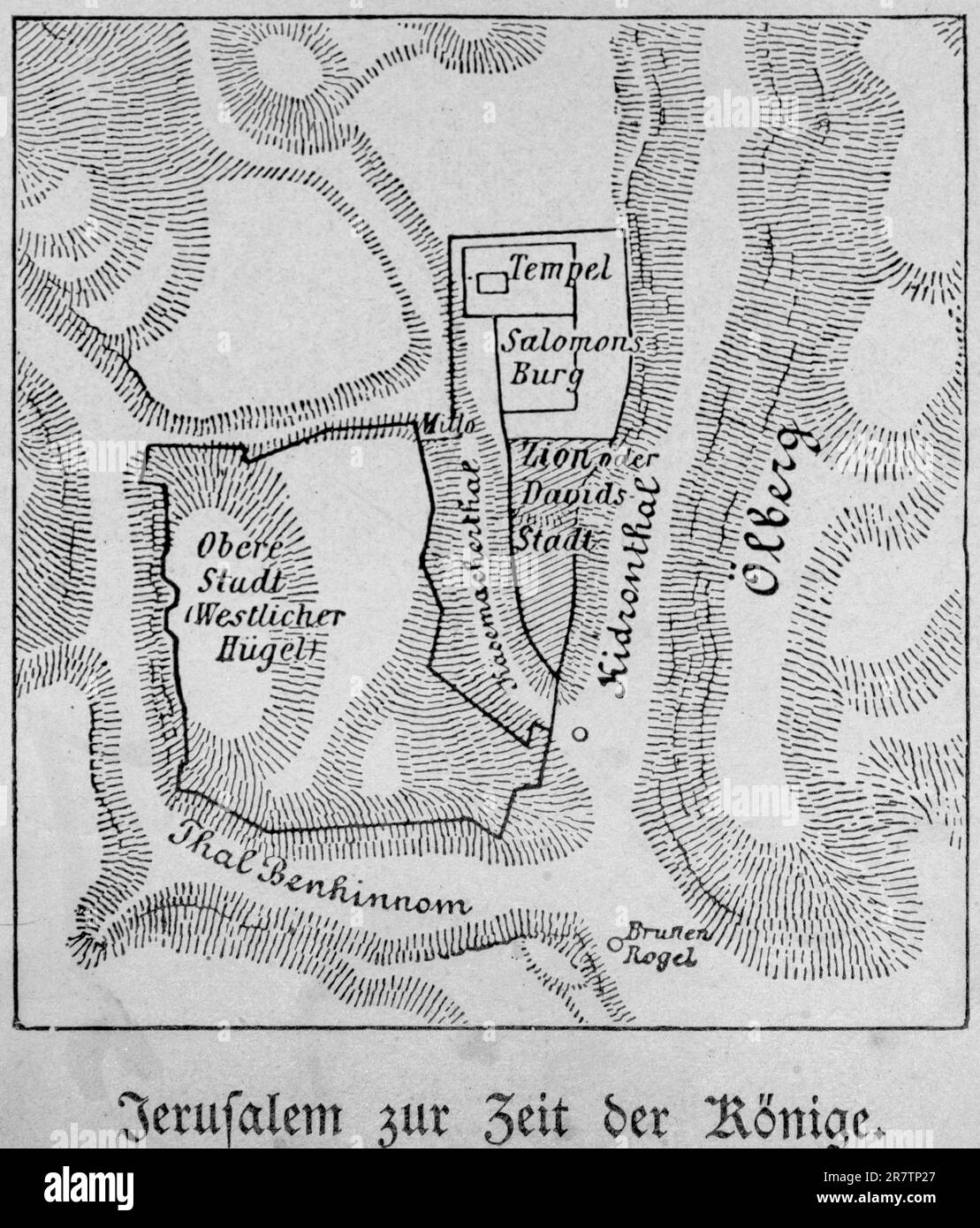 Jerusalem in der Zeit der Könige, Altes Testament, Bibel, Karte, Stadt, Plan, Zion, David, Täler, Berge, Umgebung, Tempel, Salomons Schloss Stockfoto