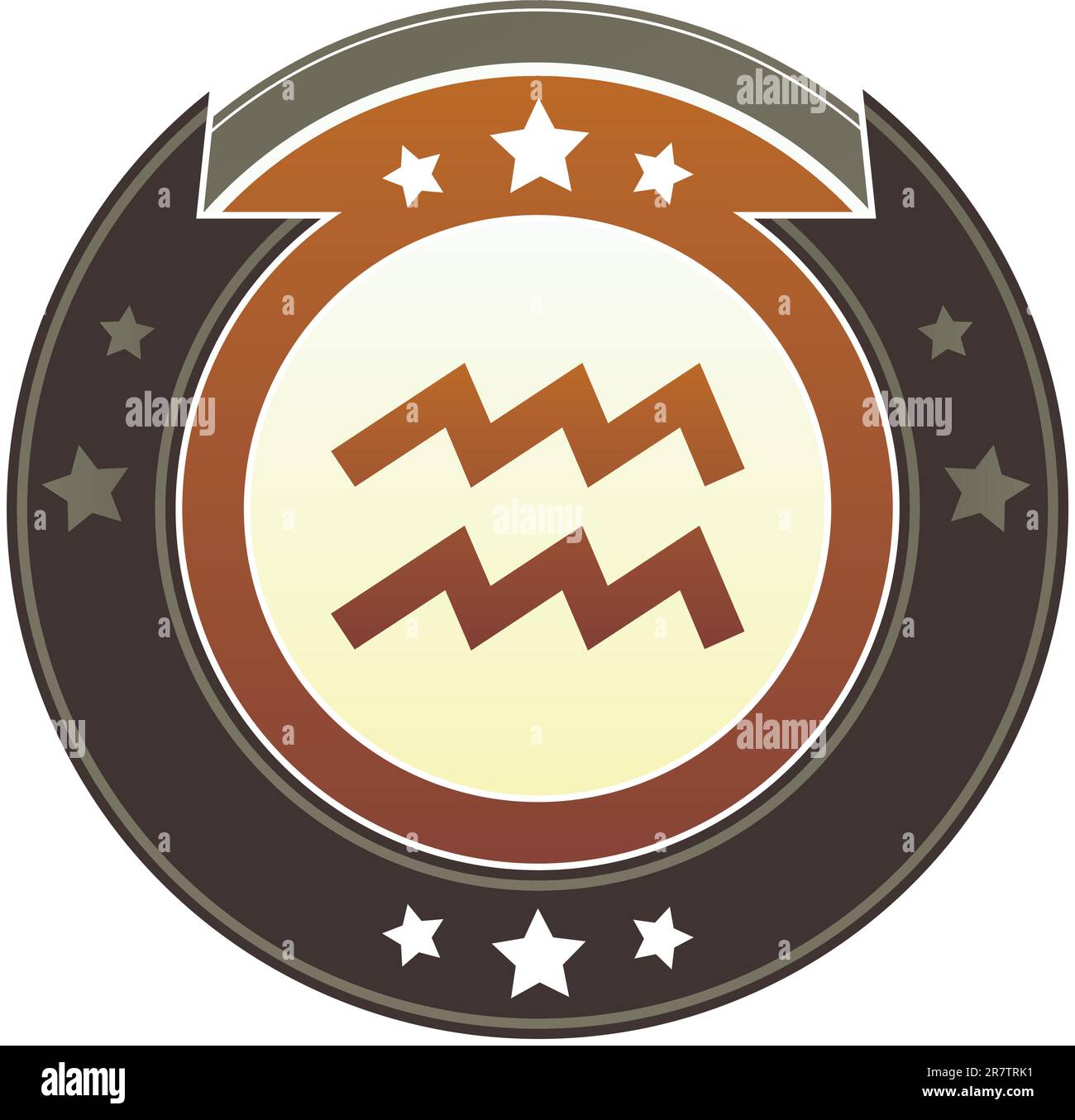 Aquarius zodiac Astrologie-Symbol auf rundem rot-braunem kaiserlichen Vektorknopf mit Sternakzenten geeignet für Website, Druck und Werbung... Stock Vektor