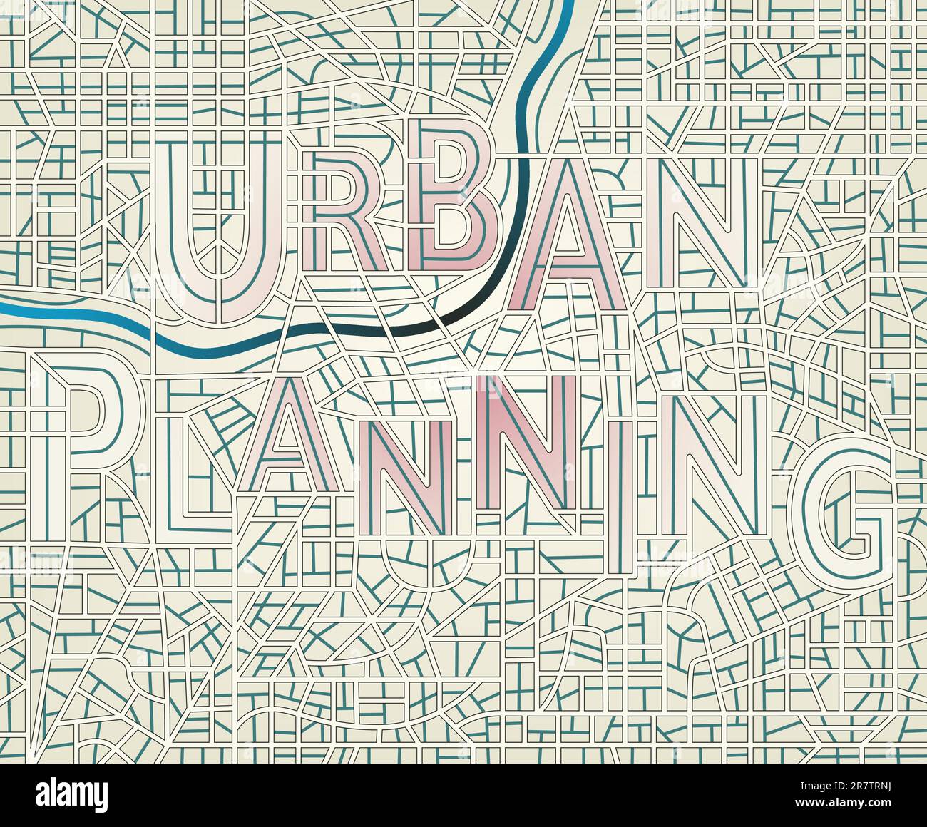 Editierbare Vektorkarte einer generischen Stadt, auf der die Straßen die Wörter „Urban Planning“ (Stadtplanung) schreiben, enthält Umrisse für einen einfachen Farbwechsel Stock Vektor