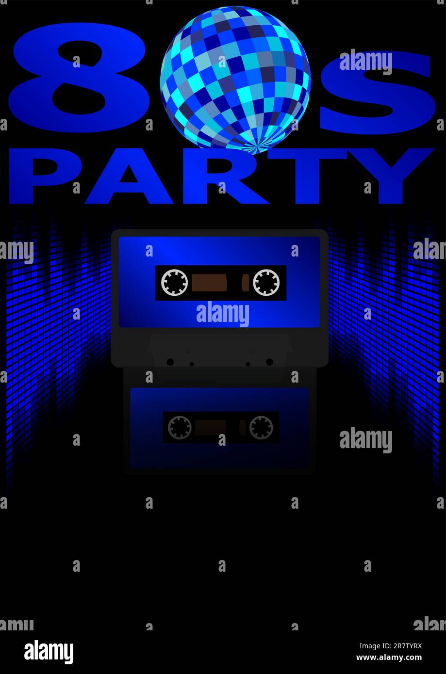 Eighties Party Background – Retro-Audiokassette, Equalizer in Blautönen und 80s-Partyschild Stock Vektor