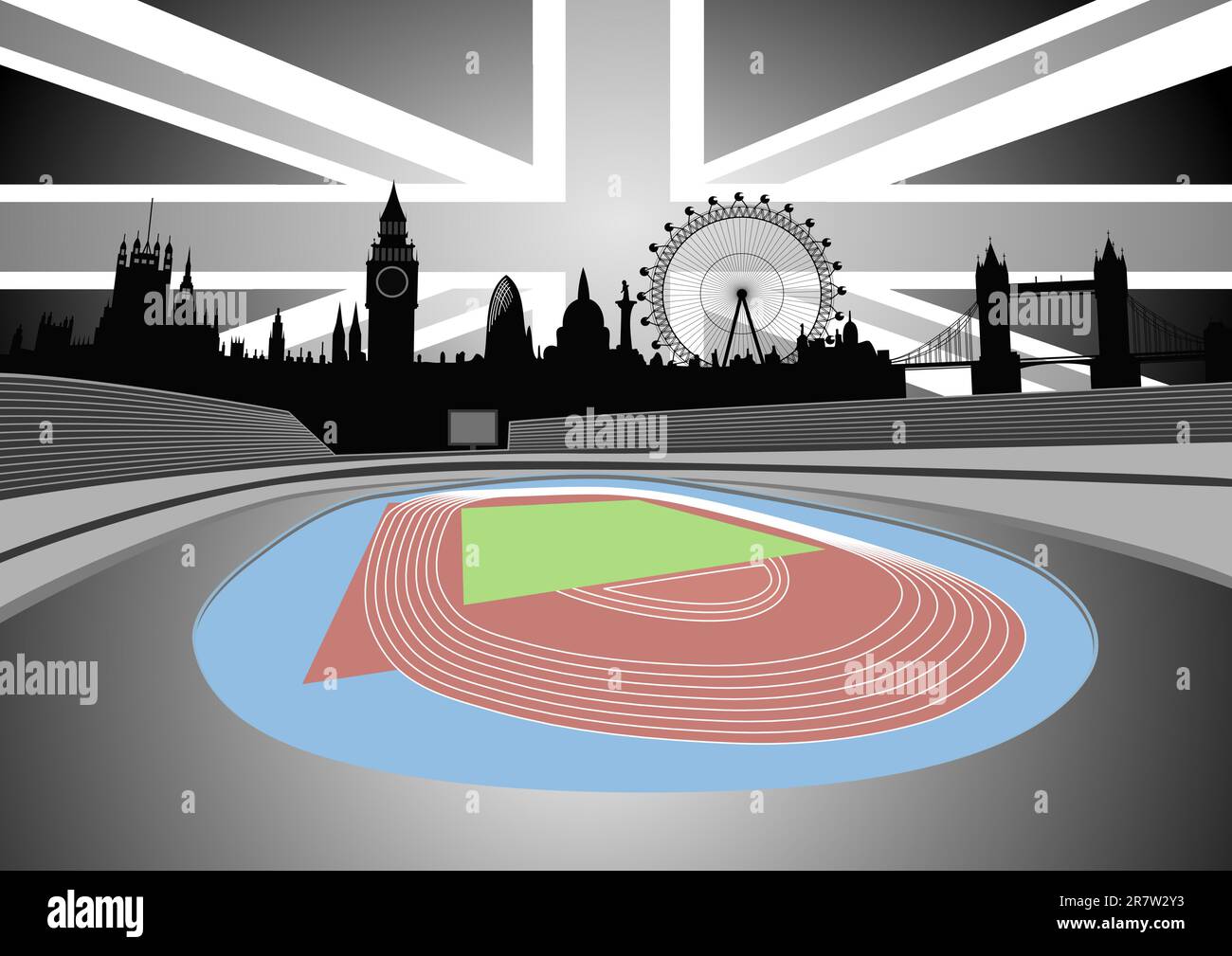 Illustration des Stadions mit der Londoner Skyline - Vektor. Diese Datei ist ein Vektor und kann ohne Qualitätsverlust auf jede Größe skaliert werden. Stock Vektor