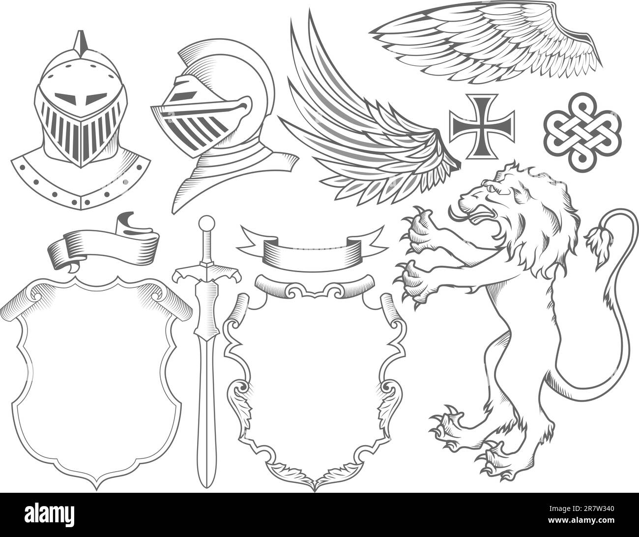 Eine Reihe von Rittern, heraldischen Elementen und Symbolen Stock Vektor