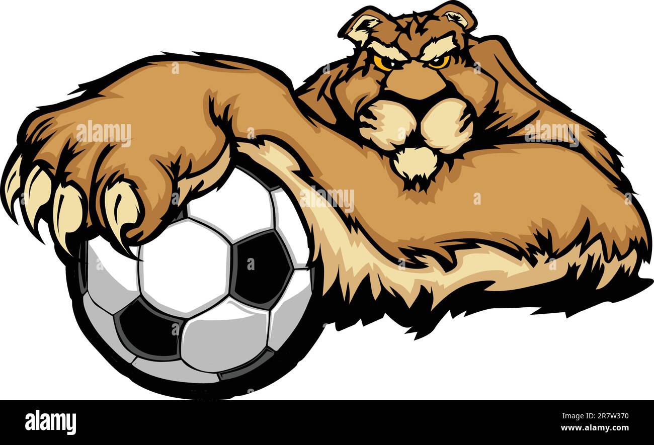 Grafisches Maskottchen-Vektorbild eines Cougars mit Pfoten auf einem Fußball Stock Vektor