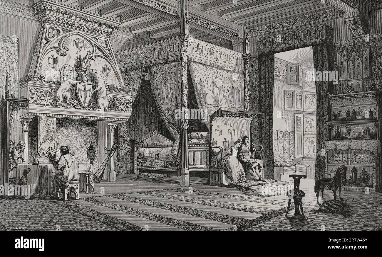 Frankreich. Französisches Herrenhaus aus dem 14. Jahrhundert. Gravur von Fellmann und Huyot. "Les Arts au Moyen Age et a l'Epoque de la Renaissance" von Paul Lacroix. Paris, 1877. Stockfoto