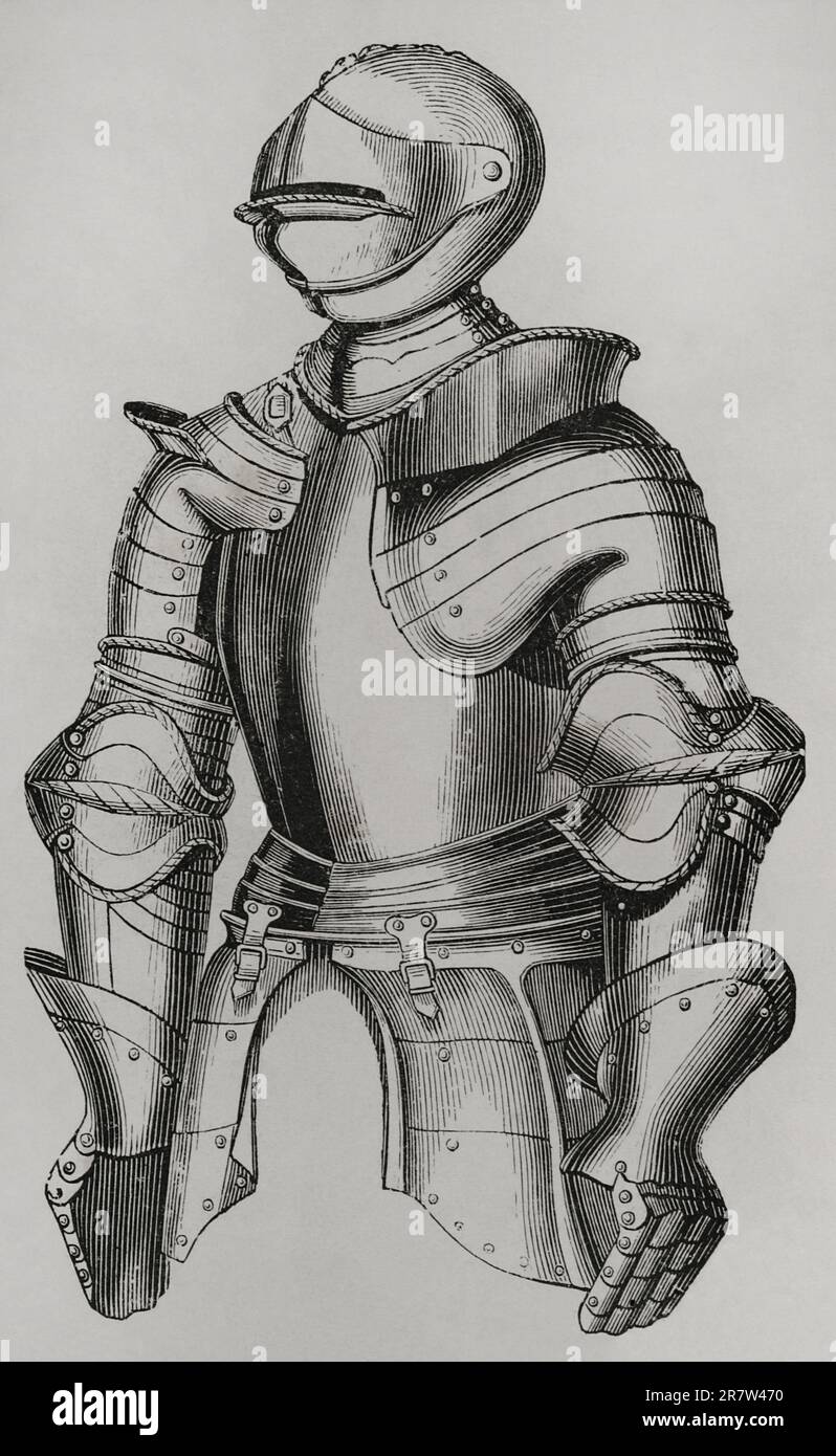 Die Geschichte Frankreichs. Flache Rüstung aus dem 15. Jahrhundert. Gravur. "Les Arts Au Moyen Age et a l'Epoque de la Renaissance" von Paul Lacroix. Paris, 1877. Stockfoto