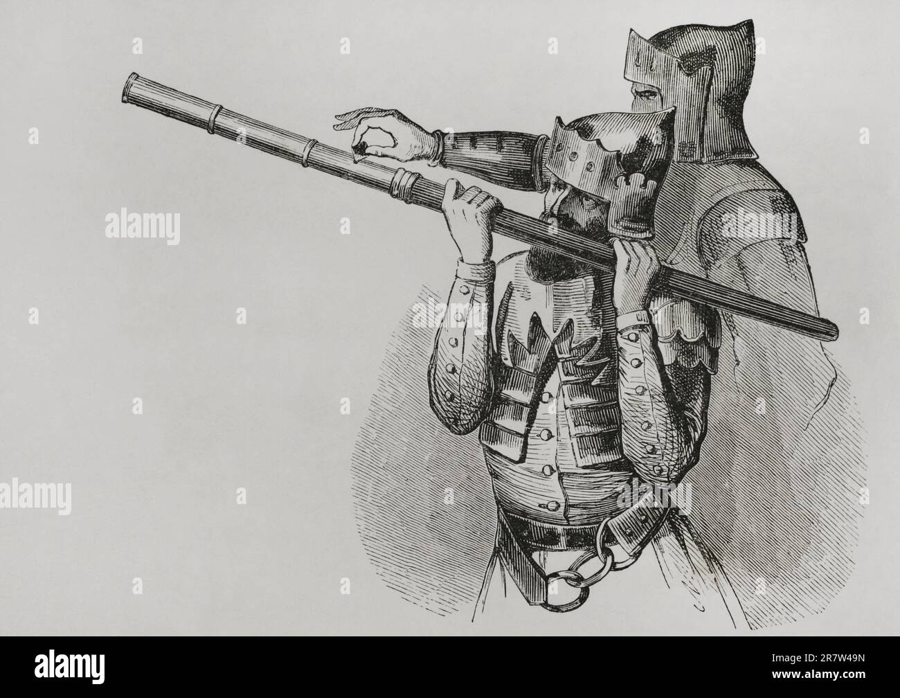 Handkanone. Gravur aus einem Wandteppich in der Kirche Notre-Dame de Nantilly in Saumur (Frankreich). 15. Jahrhundert. "Les Arts au Moyen Age et a l'Epoque de la Renaissance" von Paul Lacroix. Paris, 1877. Stockfoto