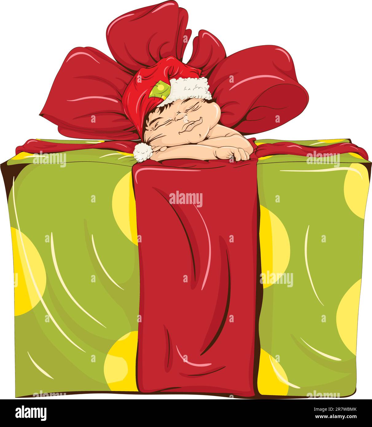 Die kleine Elfe schlief auf einer großen Geschenkbox. Vektordarstellung. Stock Vektor