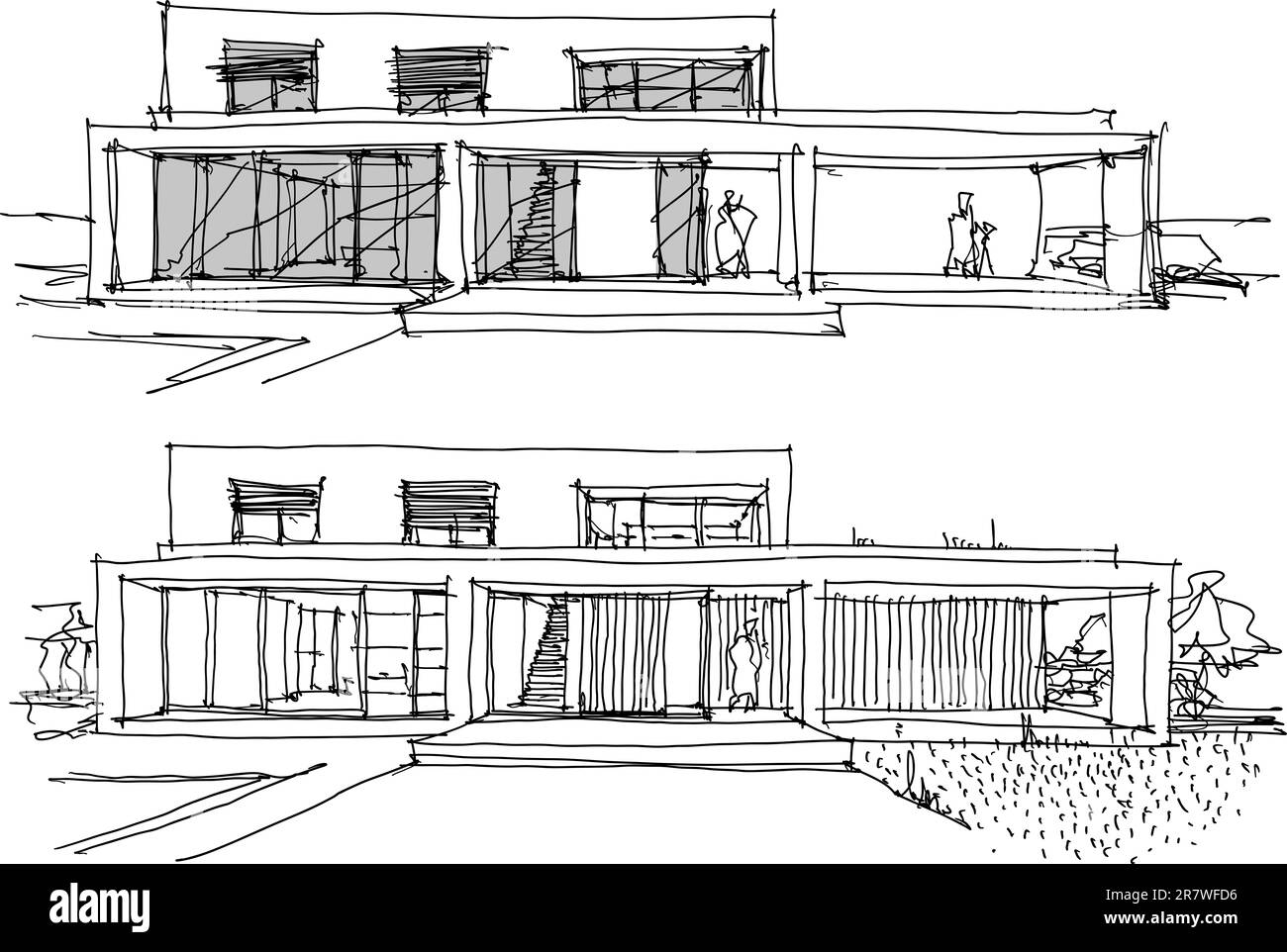 Zwei handgezeichnete architektonische Skizzen eines modernen zweistöckigen Einzelhauses mit Flachdach und Menschen um sich herum Stockfoto
