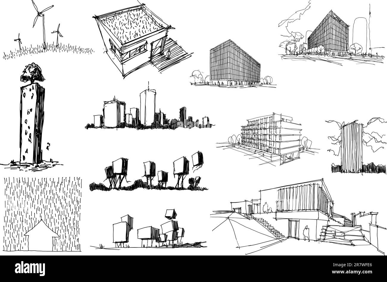 Viele handgezeichnete architektonische Skizzen einer modernen abstrakten Architektur Und Einfamilienhäuser und urbane Ideen Stockfoto