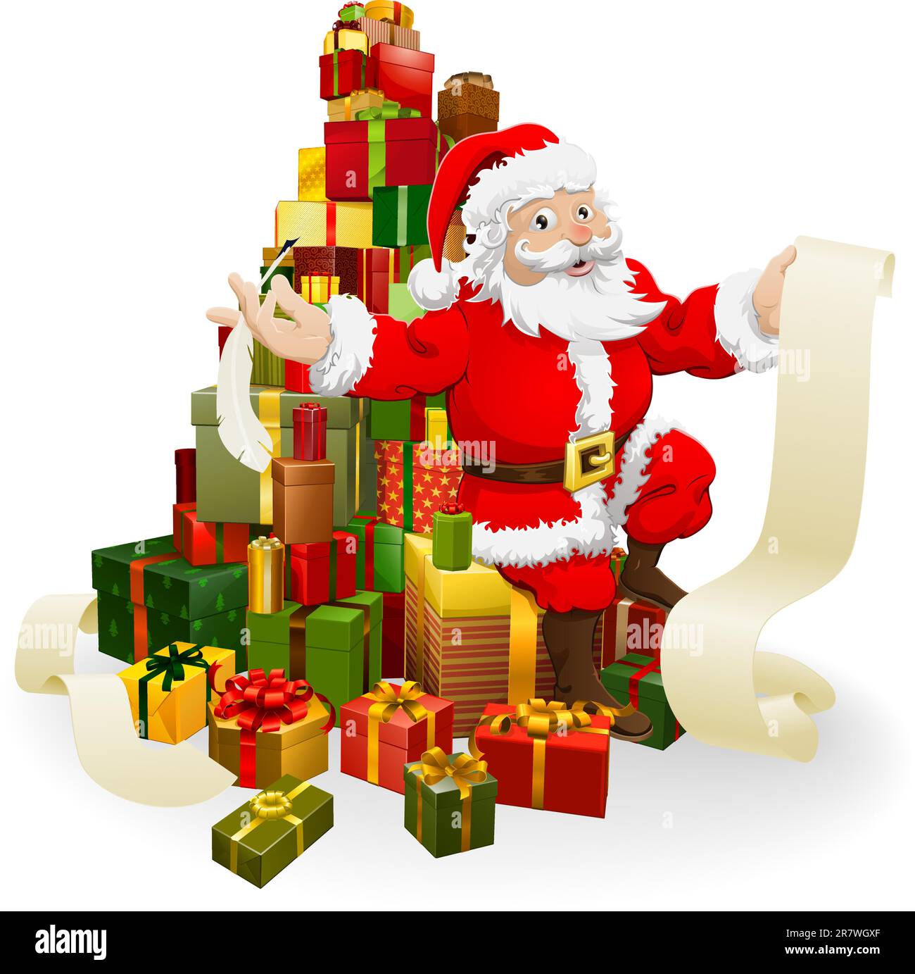 Weihnachtsmann mit seiner Liste und und Federkiel sitzt auf einem Stapel von Geschenken Stock Vektor
